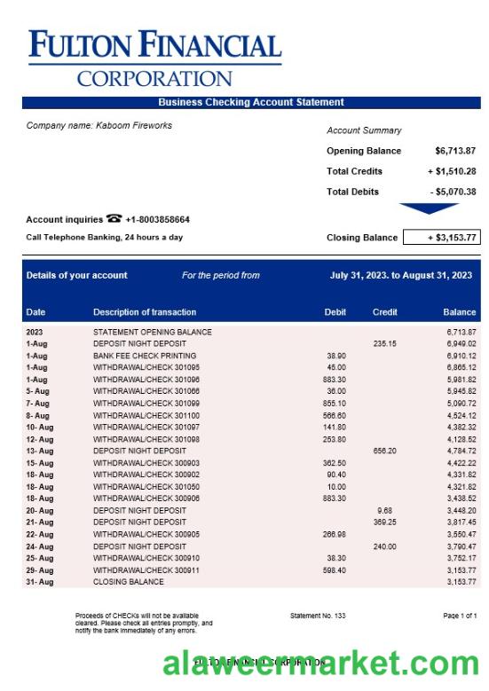 Fulton Financial Corporation enterprise account statement Word and PDF template